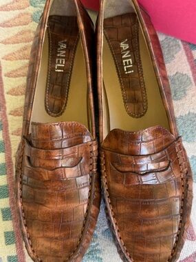 Vaneli Italian Cognac Croc-Embossed Leather Penny Loafers